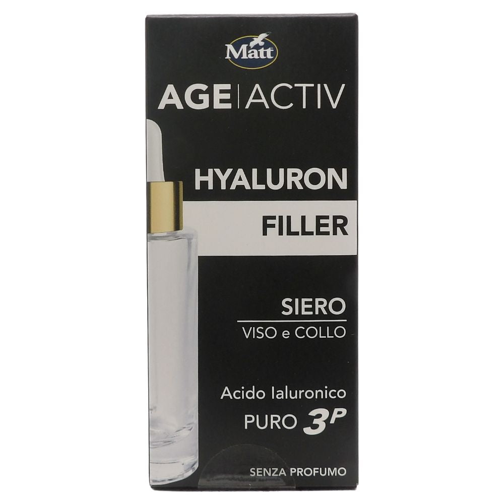 MATT, AGEACTIV Hyaluron Filler, Siero Viso e Collo con Acido Ialuronico Puro, Tripla Idratazione, Rigenera e Rimpolpa la Pelle, Riempie le Rughe, Rimodella i Contorni del Viso, Senza Profumo, 30 ml