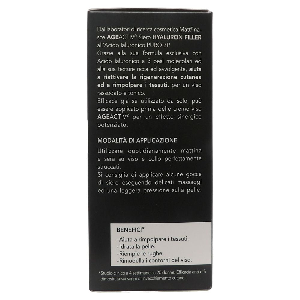 MATT, AGEACTIV Hyaluron Filler, Siero Viso e Collo con Acido Ialuronico Puro, Tripla Idratazione, Rigenera e Rimpolpa la Pelle, Riempie le Rughe, Rimodella i Contorni del Viso, Senza Profumo, 30 ml