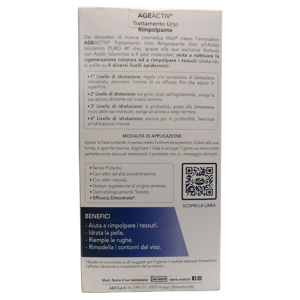 MATT, Trattamento Urto Rimpolpante Viso Acido Ialuronico PURO 4P, Idrata e Rende la Pelle Elastica e Luminosa, Applicazione di 7 Giorni, Confezione da 7 Fiale da 2 ml