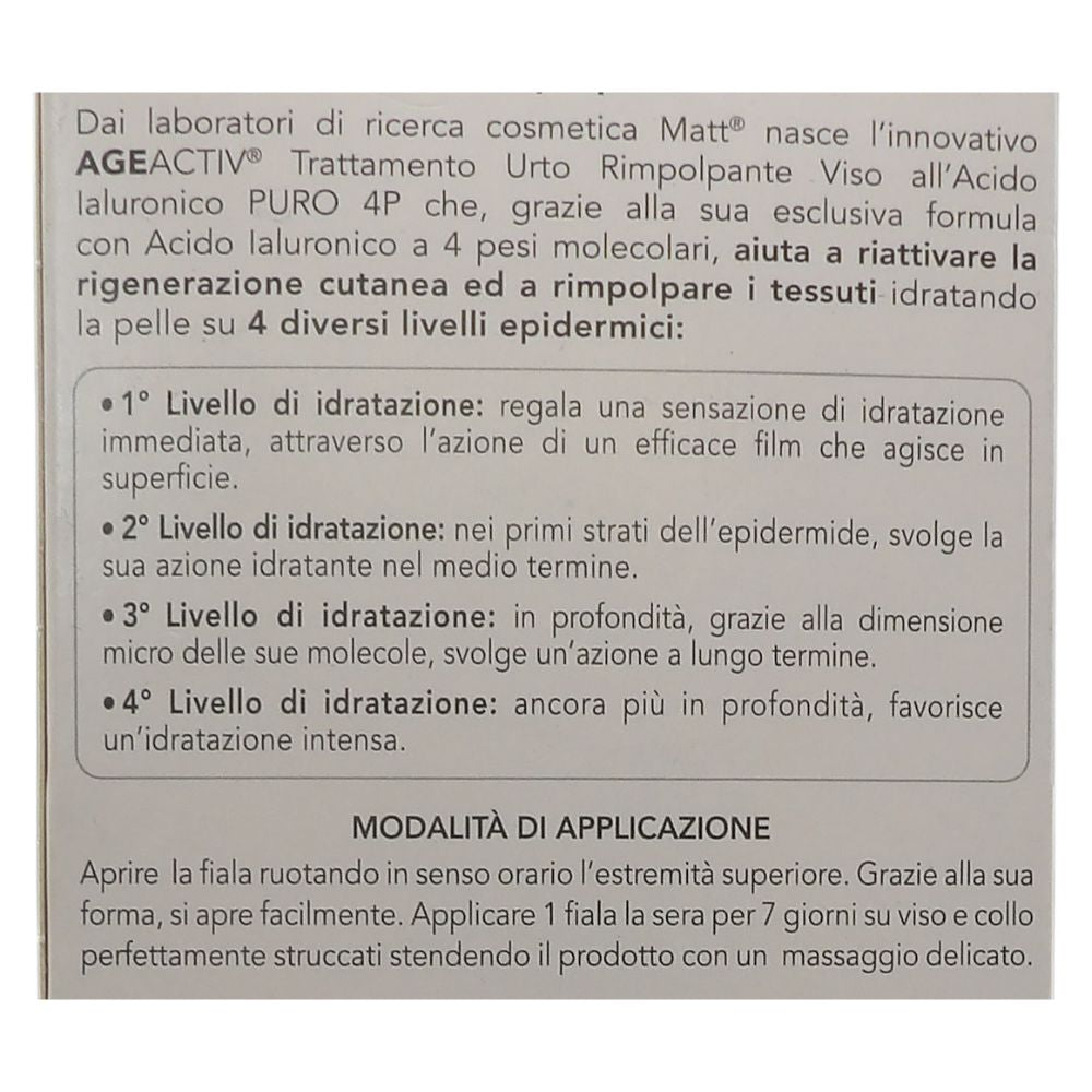 MATT, Trattamento Urto Rimpolpante Viso Acido Ialuronico PURO 4P, Idrata e Rende la Pelle Elastica e Luminosa, Applicazione di 7 Giorni, Confezione da 7 Fiale da 2 ml