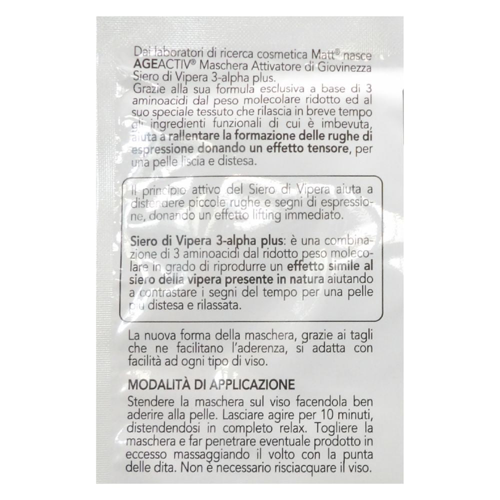 MATT, Maschera Age-Activ Viso Monouso In Tessuto ATTIVATORE DI GIOVINEZZA, Pratica Senza Risciacquo. Con Siero Di Vipera (3 APLHA PLUS), 17 ml