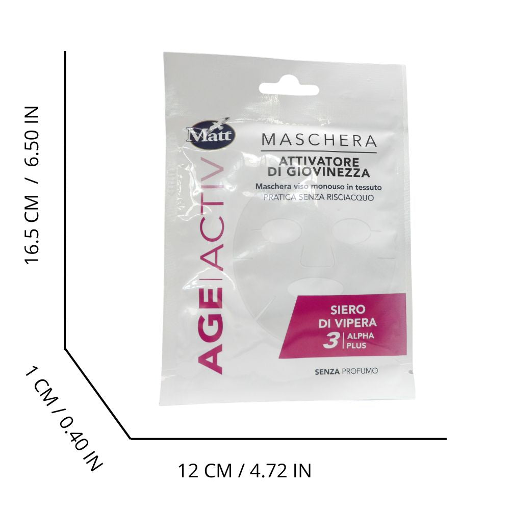 MATT, Maschera Age-Activ Viso Monouso In Tessuto ATTIVATORE DI GIOVINEZZA, Pratica Senza Risciacquo. Con Siero Di Vipera (3 APLHA PLUS), 17 ml
