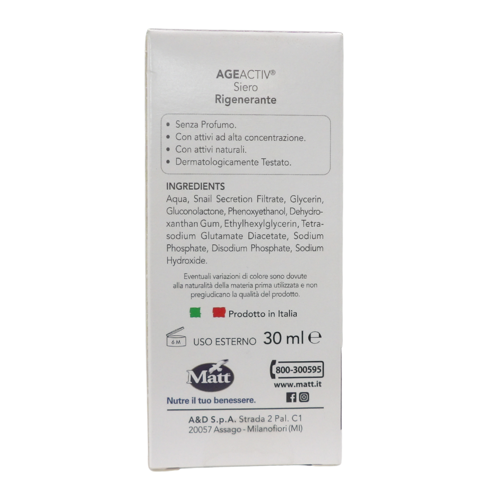 MATT, AGEACTIV Skin Perfect, Siero Viso e Collo, con Bava di Lumaca Pura, Rigenera la Pelle, Rallenta l'Invecchiamento Cutaneo, Uniforma l'Incarnato, Cruelty Free, Senza Profumo, 30 ml