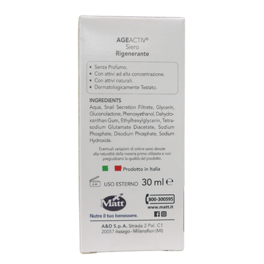 MATT, AGEACTIV Skin Perfect, Siero Viso e Collo, con Bava di Lumaca Pura, Rigenera la Pelle, Rallenta l'Invecchiamento Cutaneo, Uniforma l'Incarnato, Cruelty Free, Senza Profumo, 30 ml