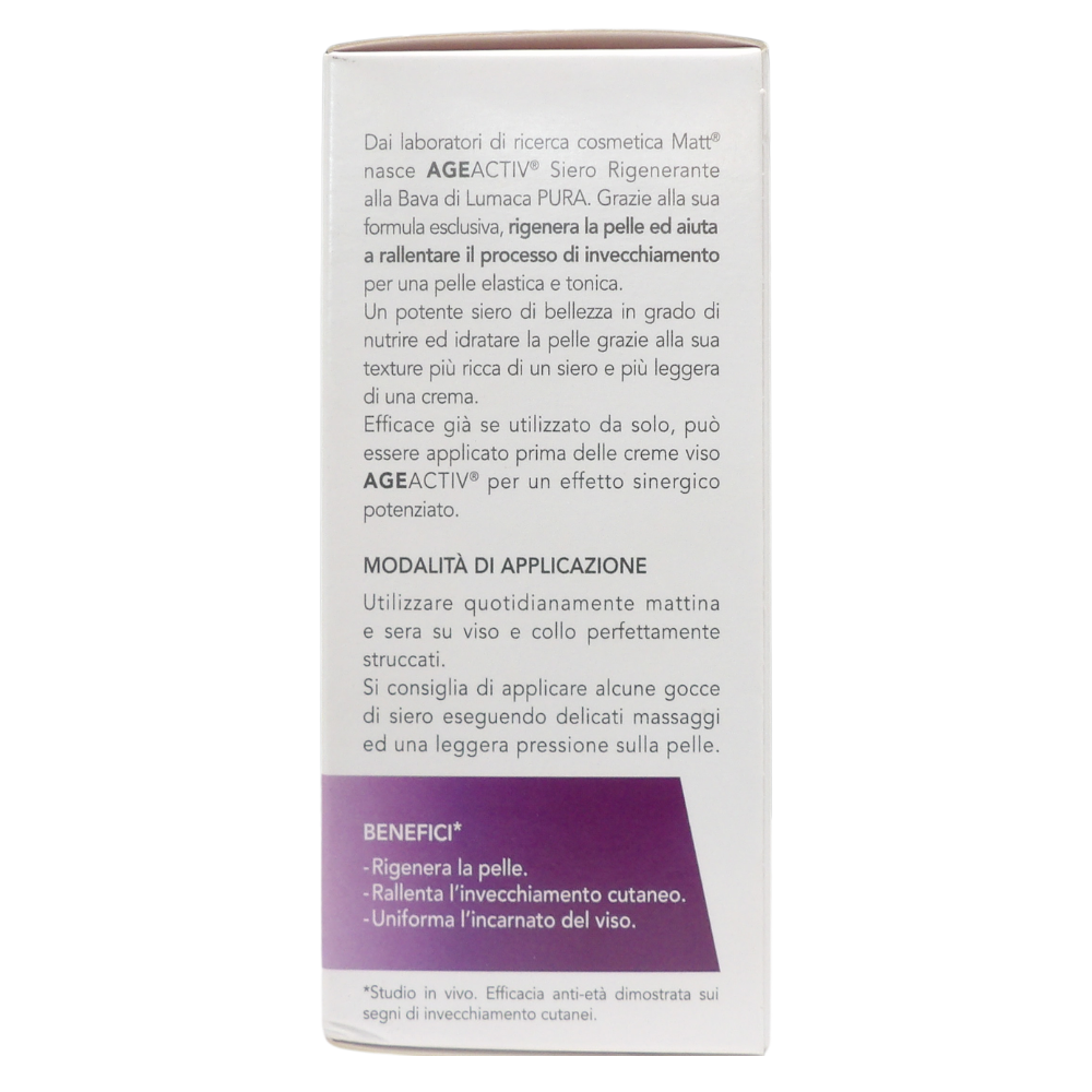 MATT, AGEACTIV Skin Perfect, Siero Viso e Collo, con Bava di Lumaca Pura, Rigenera la Pelle, Rallenta l'Invecchiamento Cutaneo, Uniforma l'Incarnato, Cruelty Free, Senza Profumo, 30 ml