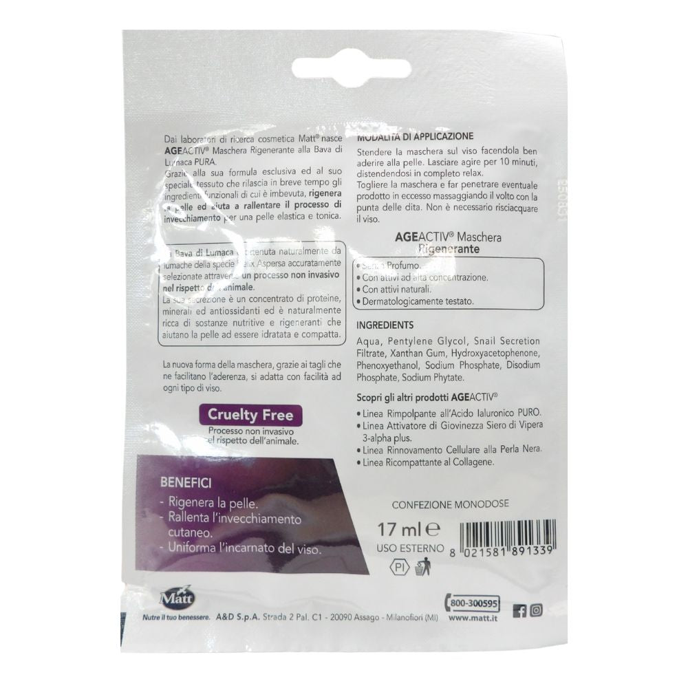 MATT, Maschera Viso Monouso In Tessuto, Rigenerante, AGE ACTIV, Bava Di Lumaca Pura, senza profumo, senza risciacquo (Confezione Monodose) 17 ml