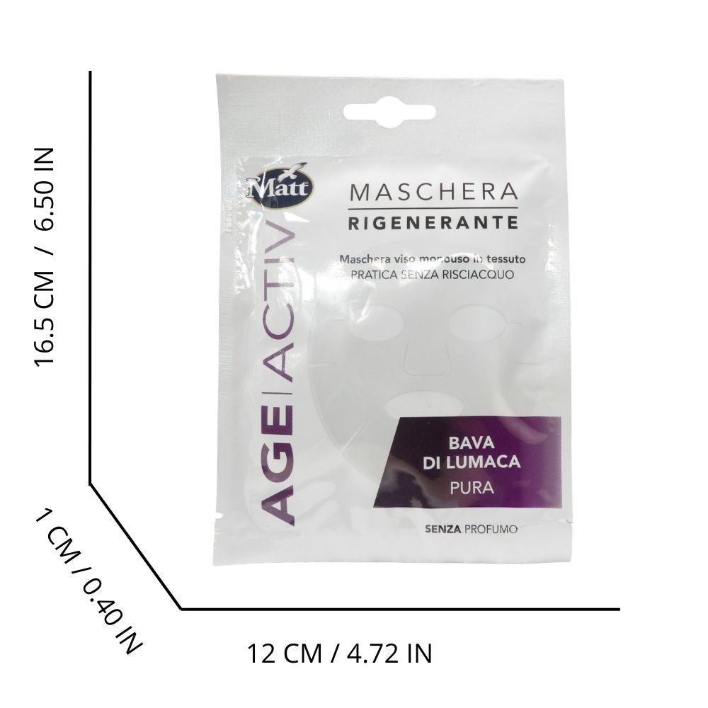 MATT, Maschera Viso Monouso In Tessuto, Rigenerante, AGE ACTIV, Bava Di Lumaca Pura, senza profumo, senza risciacquo (Confezione Monodose) 17 ml