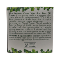 FORSAN, Crema Viso Ultra Ricca 24h, Nutriente Intensiva, ALOE Ialuronic. 50% Aloe Bio e Acido Ialuronico Di Origine Naturale, Dona Una Doppia Idratazione 50ml