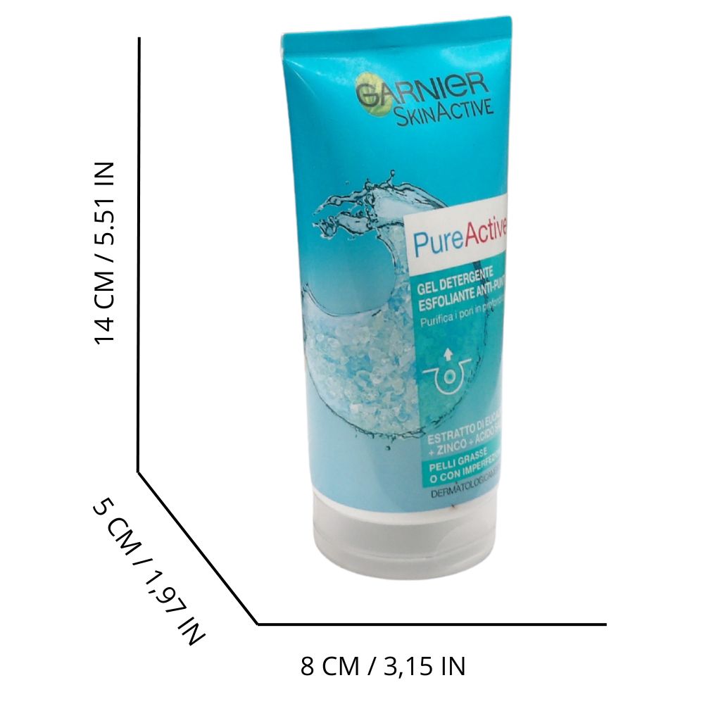 GARNIER Pure Active Gel Detergente Esfoliante Anti-Punti Neri per Pelli Grasse o con Imperfezioni, 150 ml