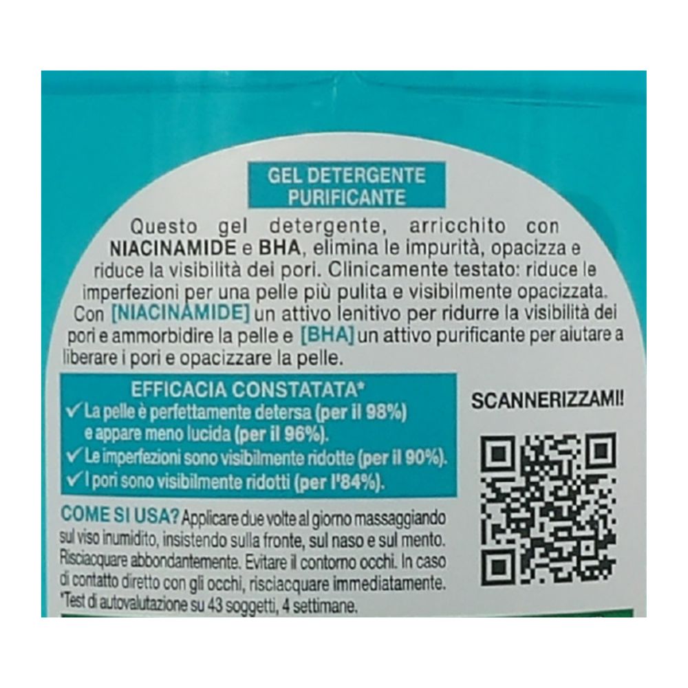 GARNIER Gel Detergente Purificante, Anti-Lucidità & Anti-Macchie, Elimina Le Impurità e Restringe Visibilmente i Pori. Per Pelli Da Miste a Grasse. Con Niacinamide + BHA(Acido Salicilico) 200ml