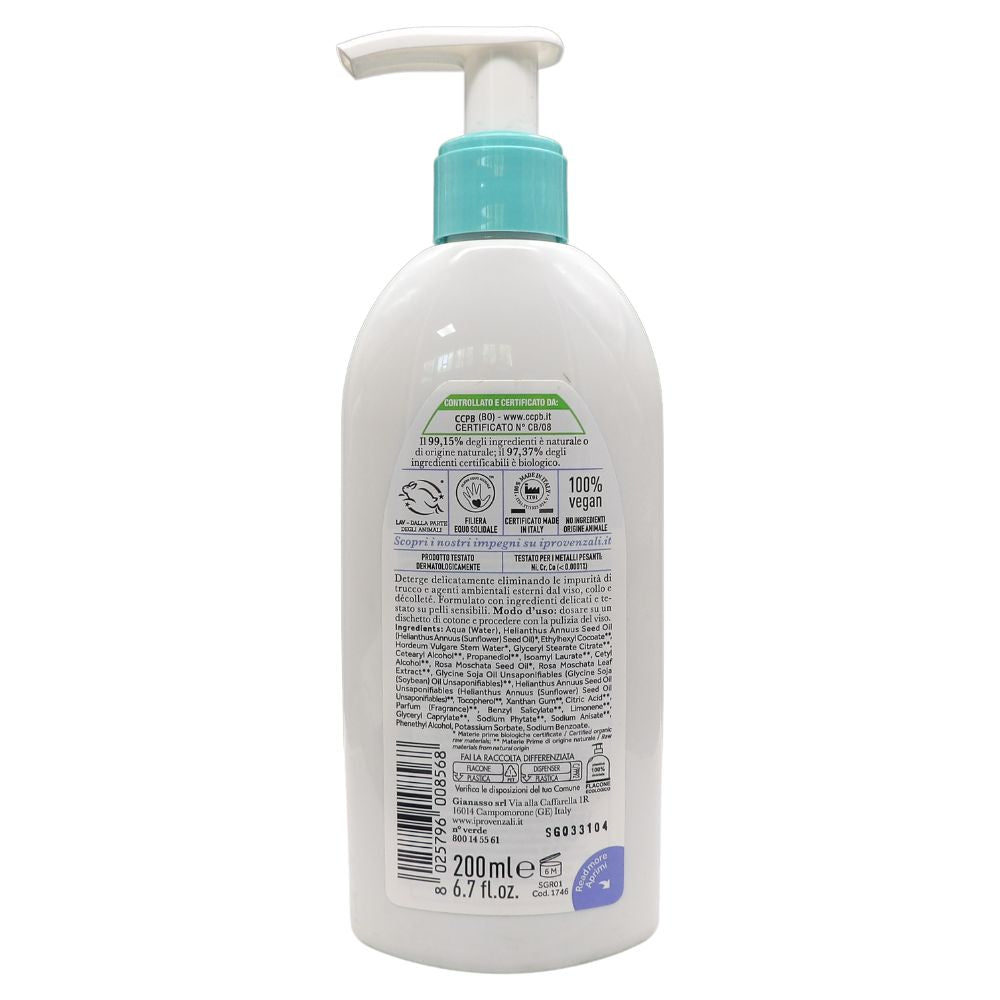I PROVENZALI, Latte Detergente Biologico ROSA MOSQUETA, Azione Addolcente, Delicato. Formulato Con Ingredienti Delicati e Testato Su Pelli Sensibili 200ml