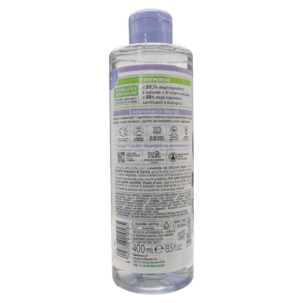 I PROVENZALI, Acqua Micellare Biologica LAVANDA LIGURE Con Estratto Di Elicriso, Purificante e Per Uso Quotidiano 400ml