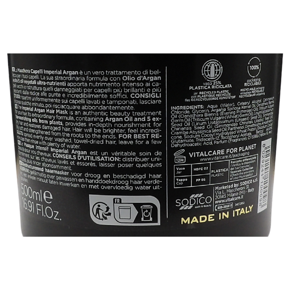VITALCARE Imperial Argan - Maschera Capelli Ristrutturante per Capelli Secchi e Danneggiati, con Argan Oil Complex, Maschera Ristrutturante Capelli, 500 ml
