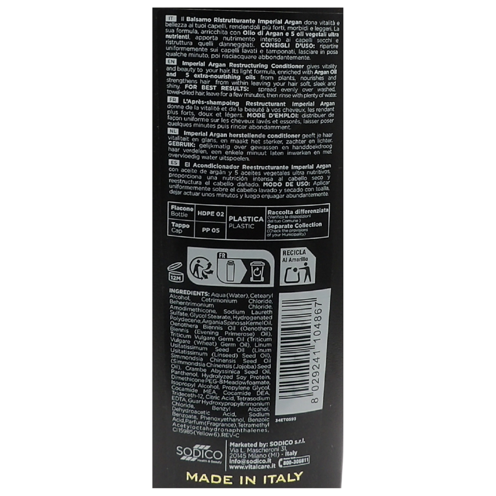 VITALCARE IMPERIAL ARGAN, Balsamo Ristrutturante Con Argan Oil Complex. Per Capelli Secchi o Danneggiati 250ml