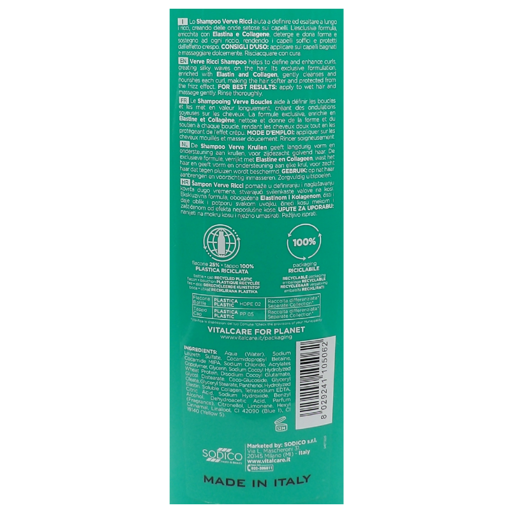 VITALCARE Verve - Shampoo Ravvivaricci, Shampoo per Capelli Ricci o Mossi, con Elastina e Collagene, Aiuta a Definire ed Esaltare i Ricci, 500 ml