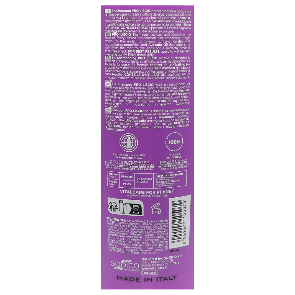 VITALCARE Shampoo PRO LISCIO Disciplinante Per Capelli Crespi, Difficili Da Lisciare. Con Cheratina e Olio Di Avocado 500ml