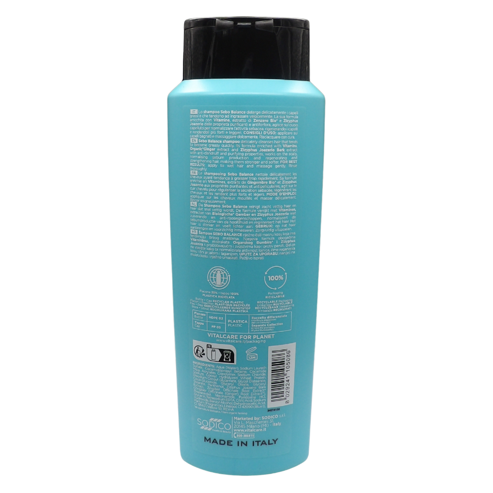 VITALCARE Shampoo Riequilibrante SEBO BALANCE, Con Vitamine e Estratto Di Zenzero. Per Capelli Grassi, Tendenti a Ingrassare 500ml