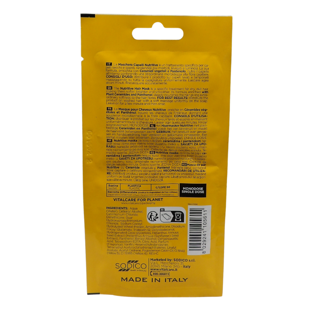 VITALCARE NUTRITIVE, Maschera Capelli Nutriente e Ristrutturante Monodose, Con Ceramidi Vegetali e Pantenolo. Per Capelli Secchi, Spenti 25ml