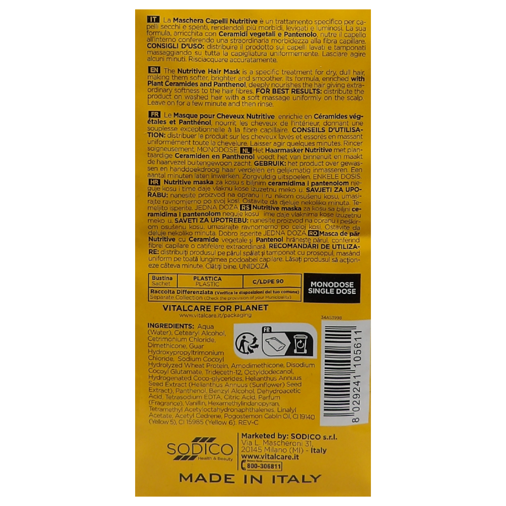VITALCARE NUTRITIVE, Maschera Capelli Nutriente e Ristrutturante Monodose, Con Ceramidi Vegetali e Pantenolo. Per Capelli Secchi, Spenti 25ml