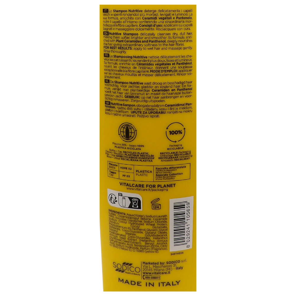 VITALCARE Shampoo Nutriente e Ristrutturante con Ceramidi Vegetali e Pantenolo. Per Capelli Secchi, Spenti 500ml