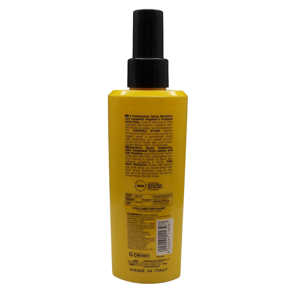VITALCARE Professional Nutritive Spray Illumina & Nutre Trattamento 125 ml è un trattamento senza risciacquo specificamente formulato per illuminare e idratare i capelli secchi e spenti in un solo gesto.