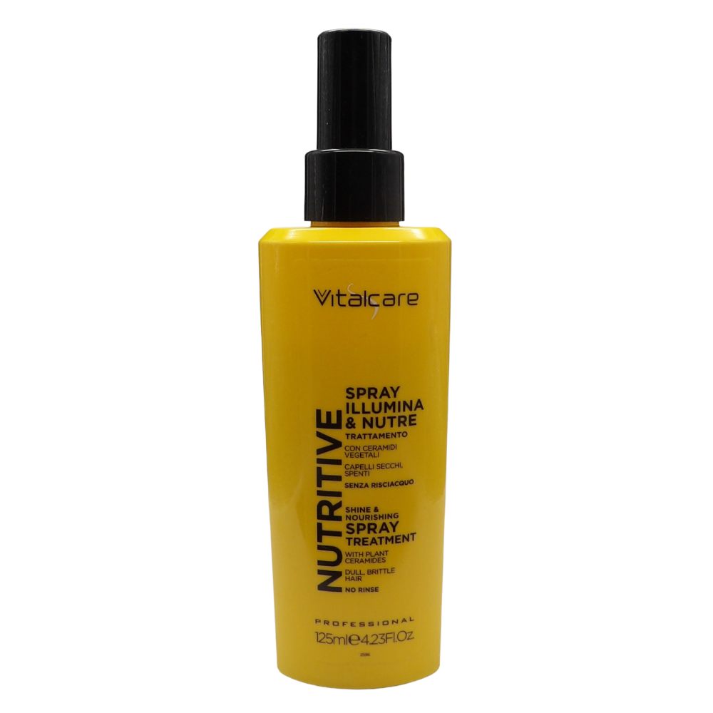 VITALCARE Professional Nutritive Spray Illumina & Nutre Trattamento 125 ml è un trattamento senza risciacquo specificamente formulato per illuminare e idratare i capelli secchi e spenti in un solo gesto.