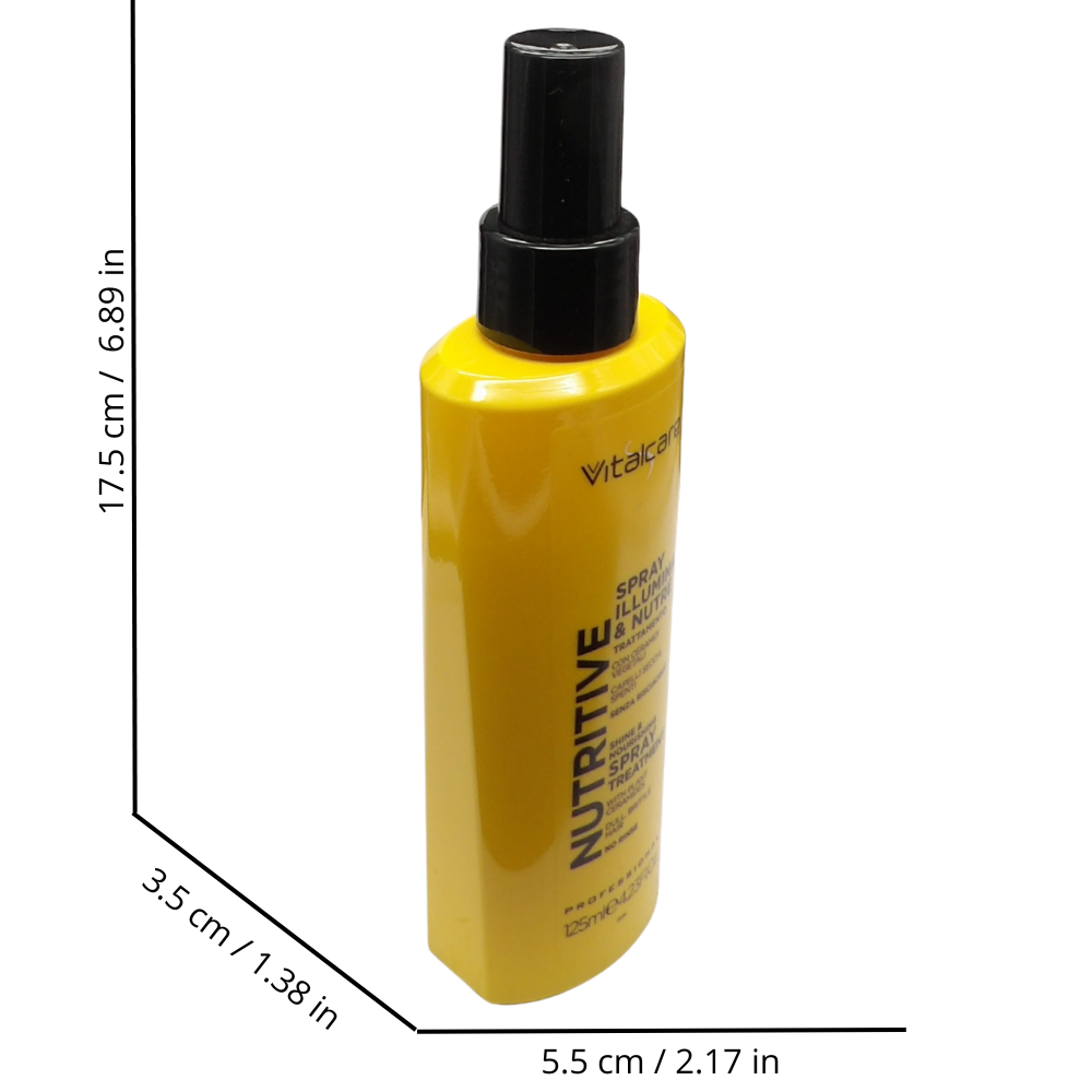 VITALCARE Professional Nutritive Spray Illumina & Nutre Trattamento 125 ml è un trattamento senza risciacquo specificamente formulato per illuminare e idratare i capelli secchi e spenti in un solo gesto.
