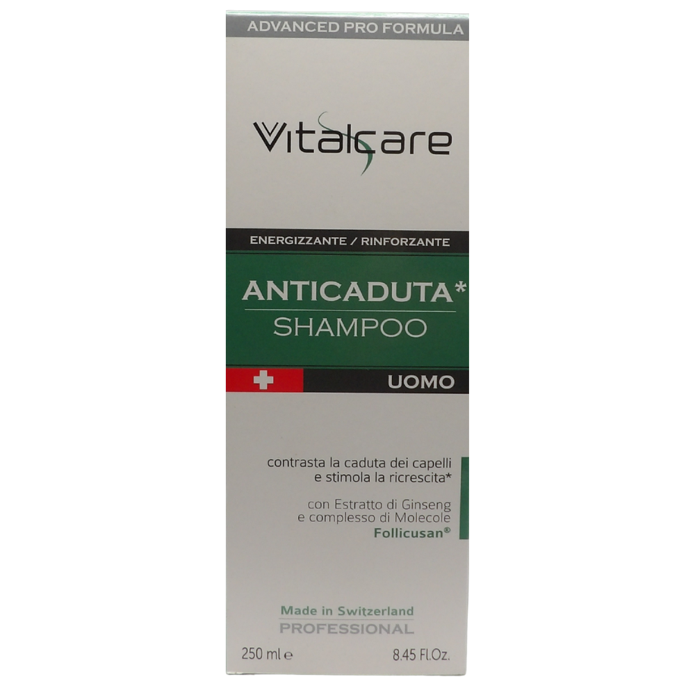 VITALCARE Swiss - Shampoo Anticaduta Uomo, Energizzante e Rinforzante, Contrasta la Caduta dei Capelli, con Estratto di Ginseng e Complesso di Molecole Follicusan, 250 ml