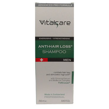 VITALCARE Swiss - Shampoo Anticaduta Uomo, Energizzante e Rinforzante, Contrasta la Caduta dei Capelli, con Estratto di Ginseng e Complesso di Molecole Follicusan, 250 ml