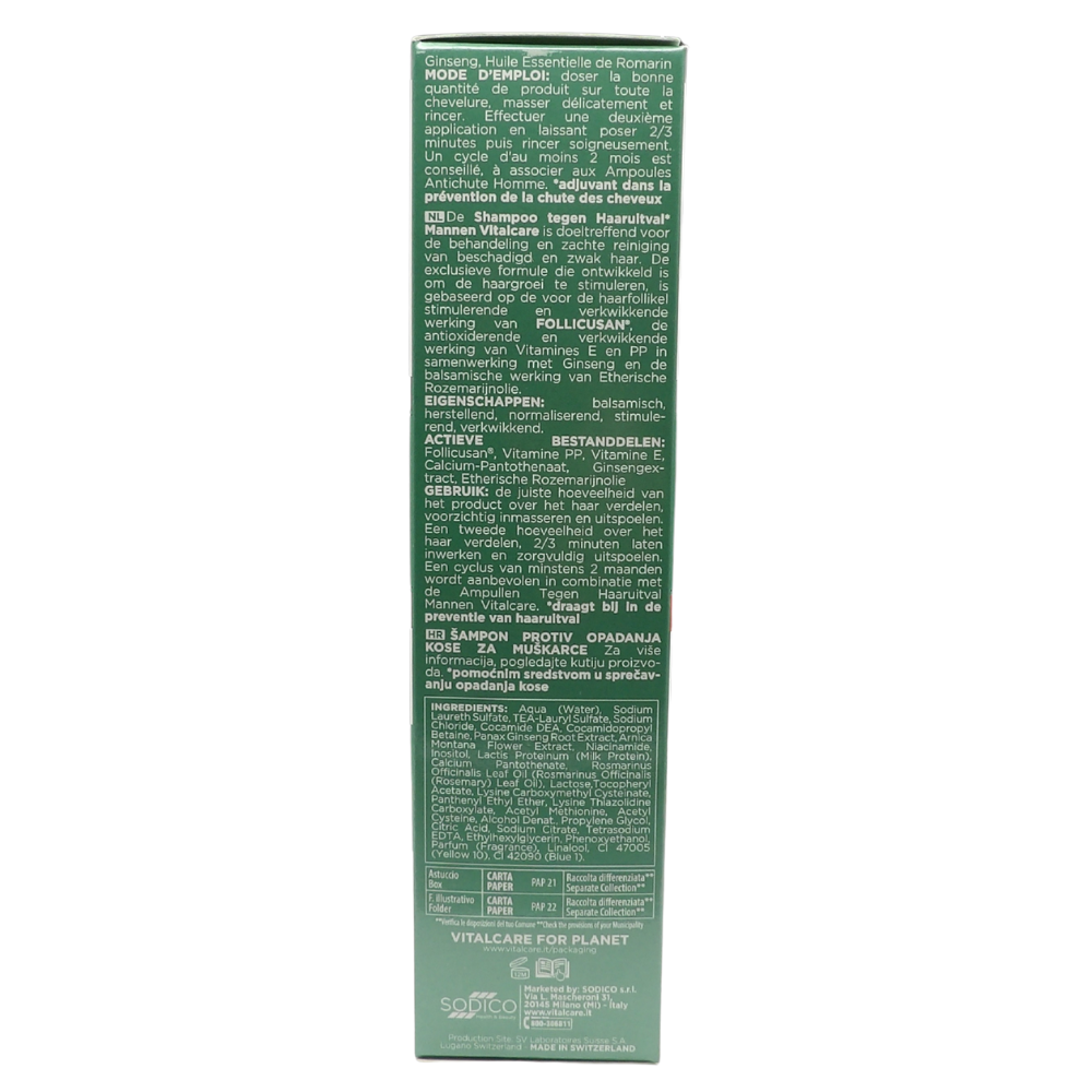 VITALCARE Swiss - Shampoo Anticaduta Uomo, Energizzante e Rinforzante, Contrasta la Caduta dei Capelli, con Estratto di Ginseng e Complesso di Molecole Follicusan, 250 ml