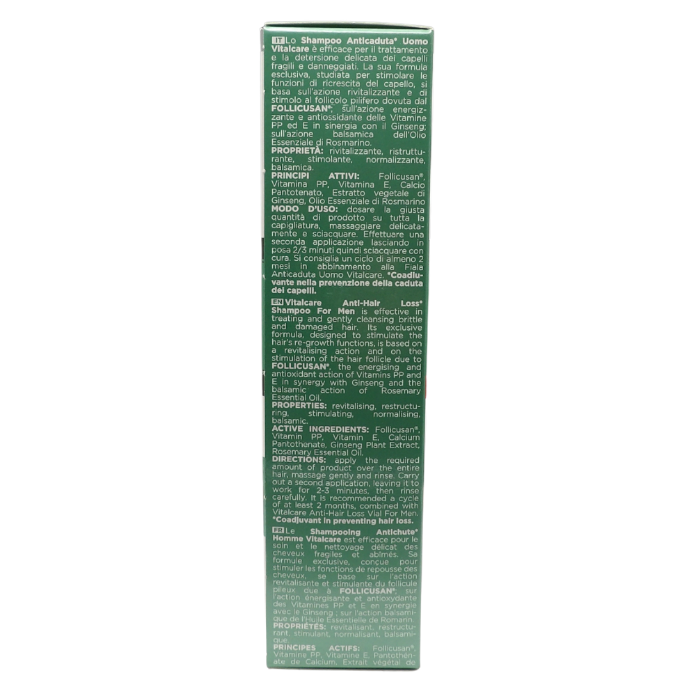 VITALCARE Swiss - Shampoo Anticaduta Uomo, Energizzante e Rinforzante, Contrasta la Caduta dei Capelli, con Estratto di Ginseng e Complesso di Molecole Follicusan, 250 ml