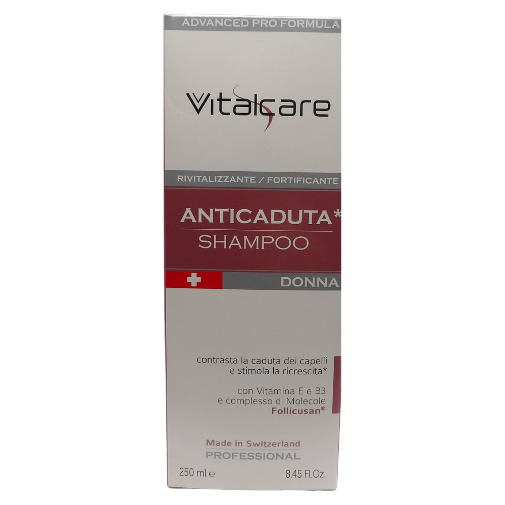 VITALCARE Swiss - Shampoo Anticaduta Donna, Shampoo Rivitalizzante e Fortificante, Contrasta la Caduta dei Capelli, con Vitamine E, B3 e Complesso di Molecole Follicusan, 250 ml