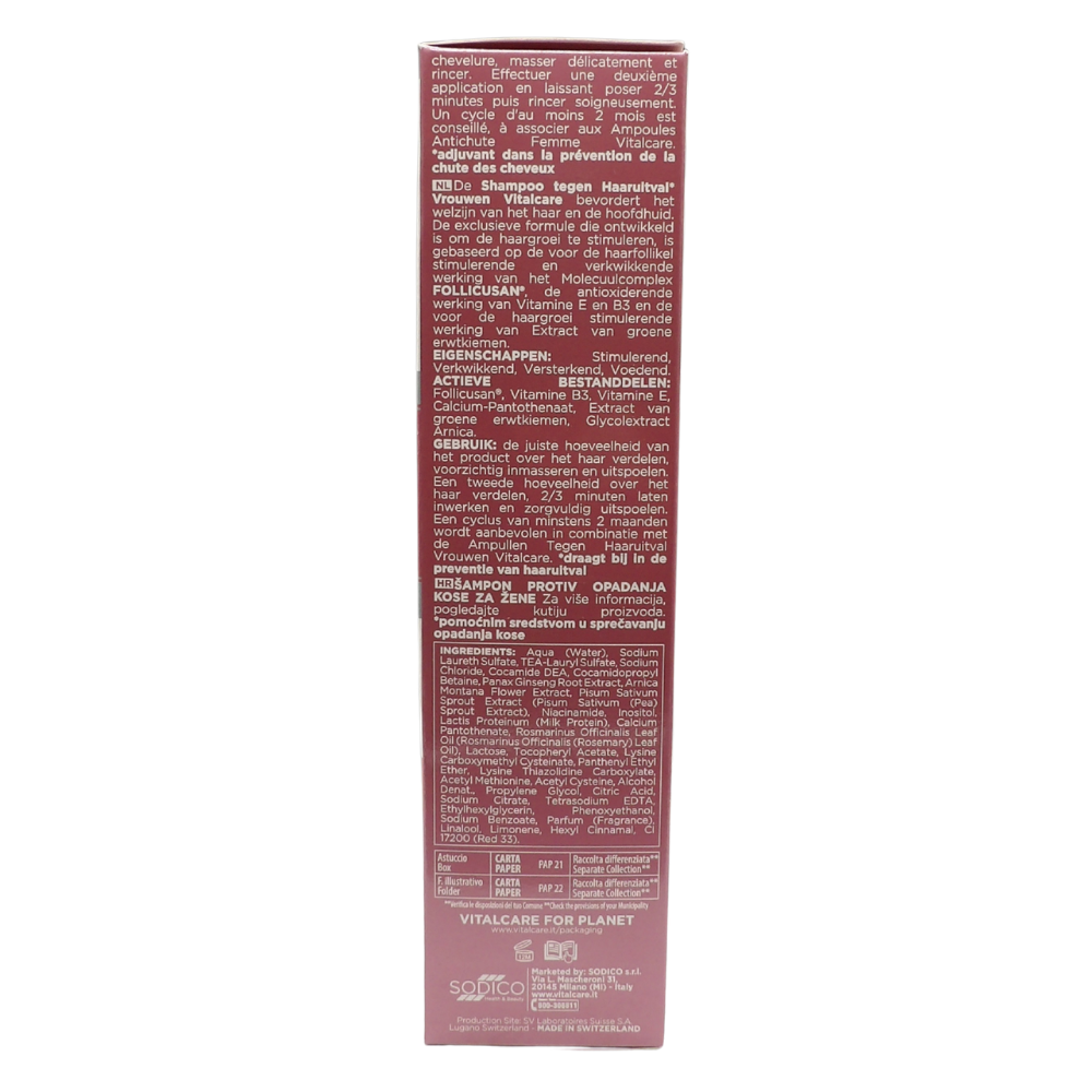 VITALCARE Swiss - Shampoo Anticaduta Donna, Shampoo Rivitalizzante e Fortificante, Contrasta la Caduta dei Capelli, con Vitamine E, B3 e Complesso di Molecole Follicusan, 250 ml