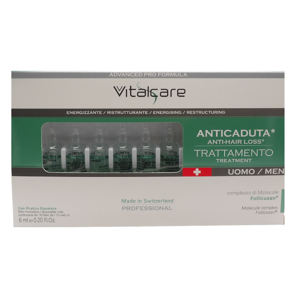 VITALCARE Swiss - Trattamento Anticaduta Uomo, Energizzante, Ristrutturante, con Complesso di Molecole Follicusan, 10 Fiale Anticaduta Capelli Uomo da 6 ml, con Pratico Dosatore