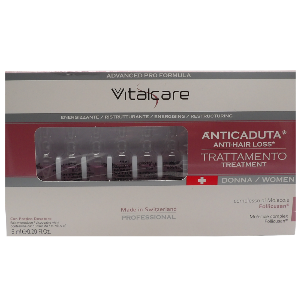 VITALCARE Swiss - Trattamento Anticaduta Donna, Energizzante, Ristrutturante, con Complesso di Molecole Follicusan, 10 Fiale Anticaduta Capelli Donna da 6 ml, con Pratico Dosatore