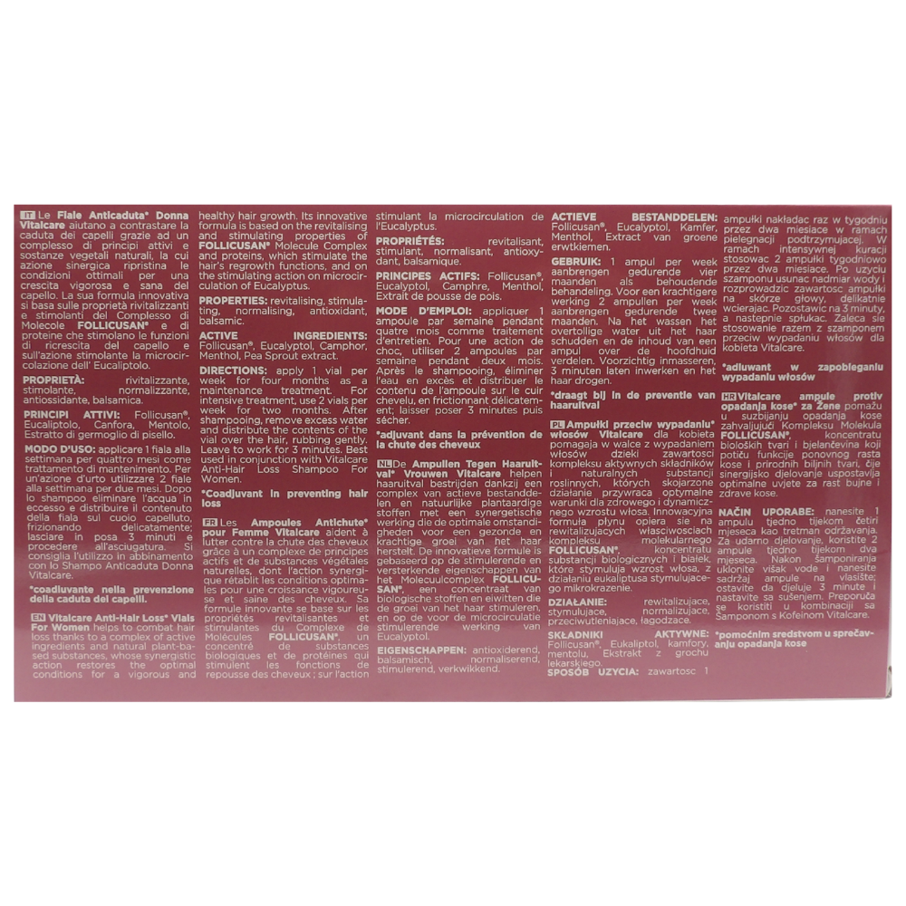 VITALCARE Swiss - Trattamento Anticaduta Donna, Energizzante, Ristrutturante, con Complesso di Molecole Follicusan, 10 Fiale Anticaduta Capelli Donna da 6 ml, con Pratico Dosatore