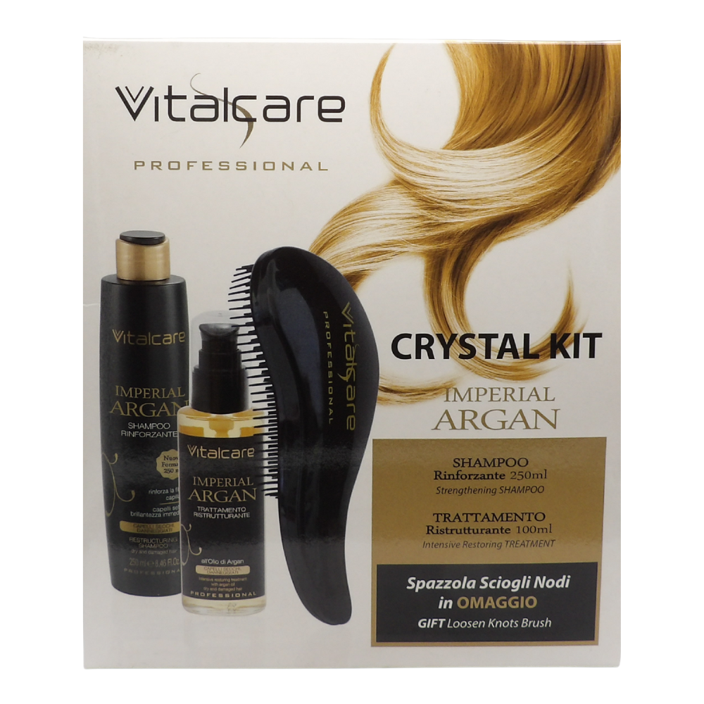 VITALCARE CONFEZIONE CRYSTAL KIT IMPERIAL ARGAN, Shampoo Rinforzante 250 ml, Trattamento Ristrutturante 100 ml, più Spazzola Sciogli Nodi.