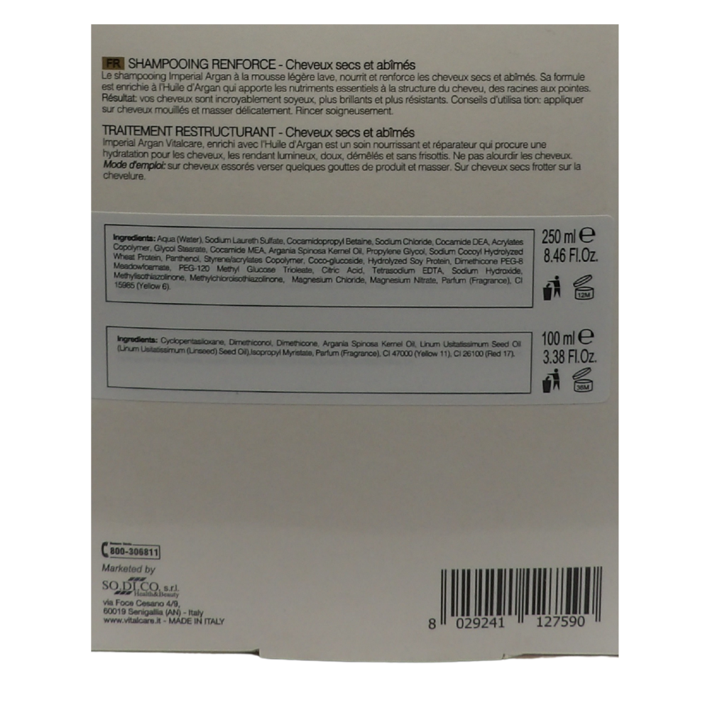 VITALCARE CONFEZIONE CRYSTAL KIT IMPERIAL ARGAN, Shampoo Rinforzante 250 ml, Trattamento Ristrutturante 100 ml, più Spazzola Sciogli Nodi.