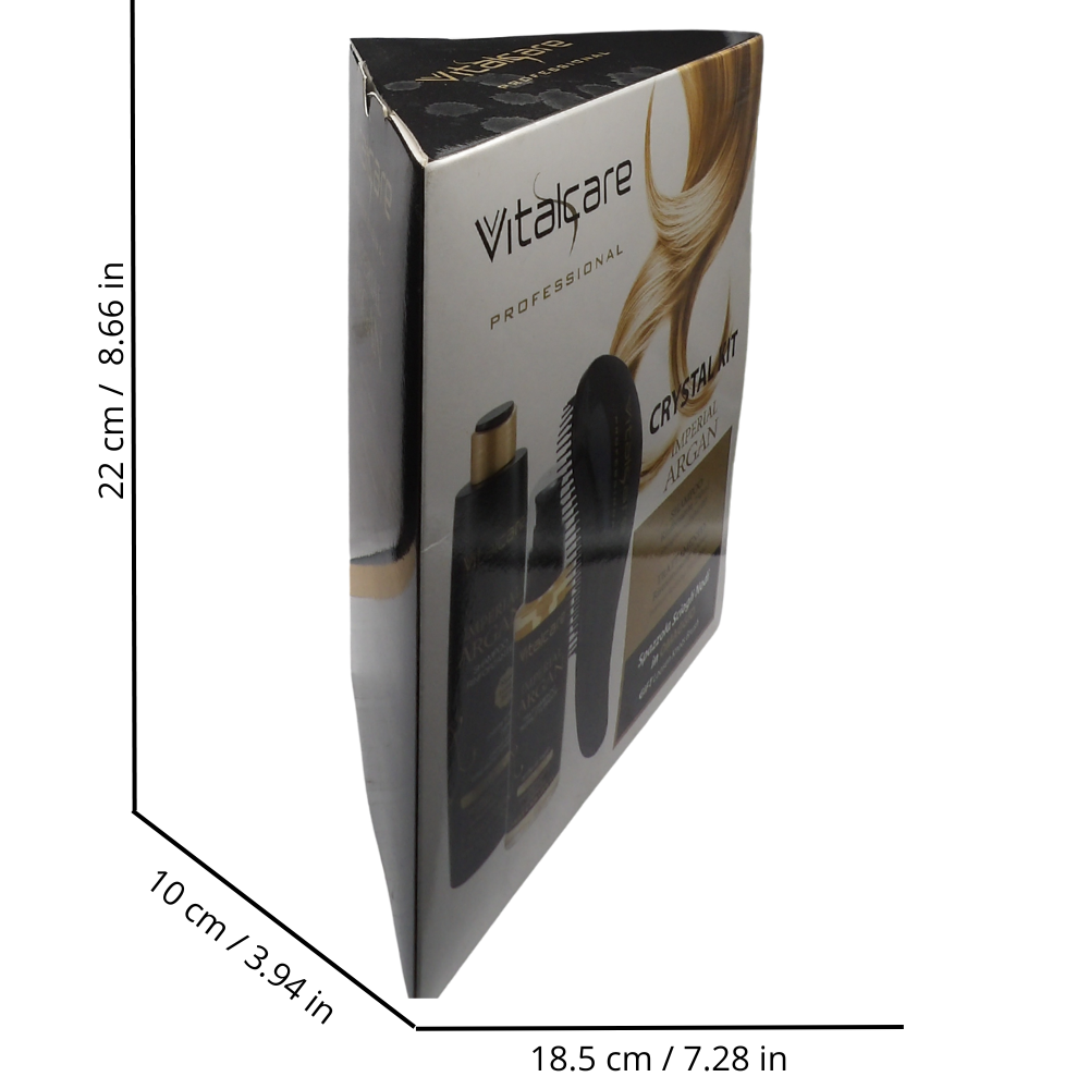VITALCARE CONFEZIONE CRYSTAL KIT IMPERIAL ARGAN, Shampoo Rinforzante 250 ml, Trattamento Ristrutturante 100 ml, più Spazzola Sciogli Nodi.