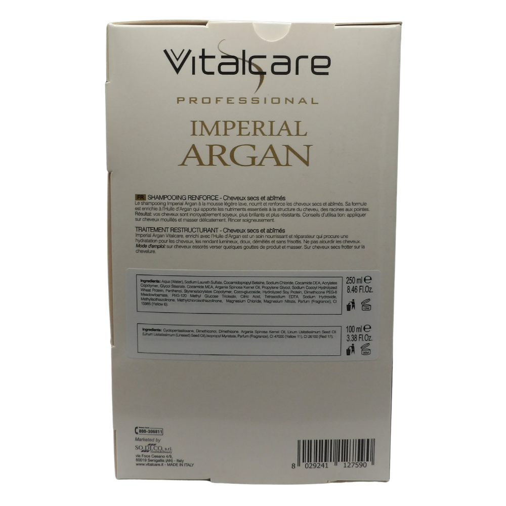 VITALCARE CONFEZIONE CRYSTAL KIT IMPERIAL ARGAN, Shampoo Rinforzante 250 ml, Trattamento Ristrutturante 100 ml, più Spazzola Sciogli Nodi.