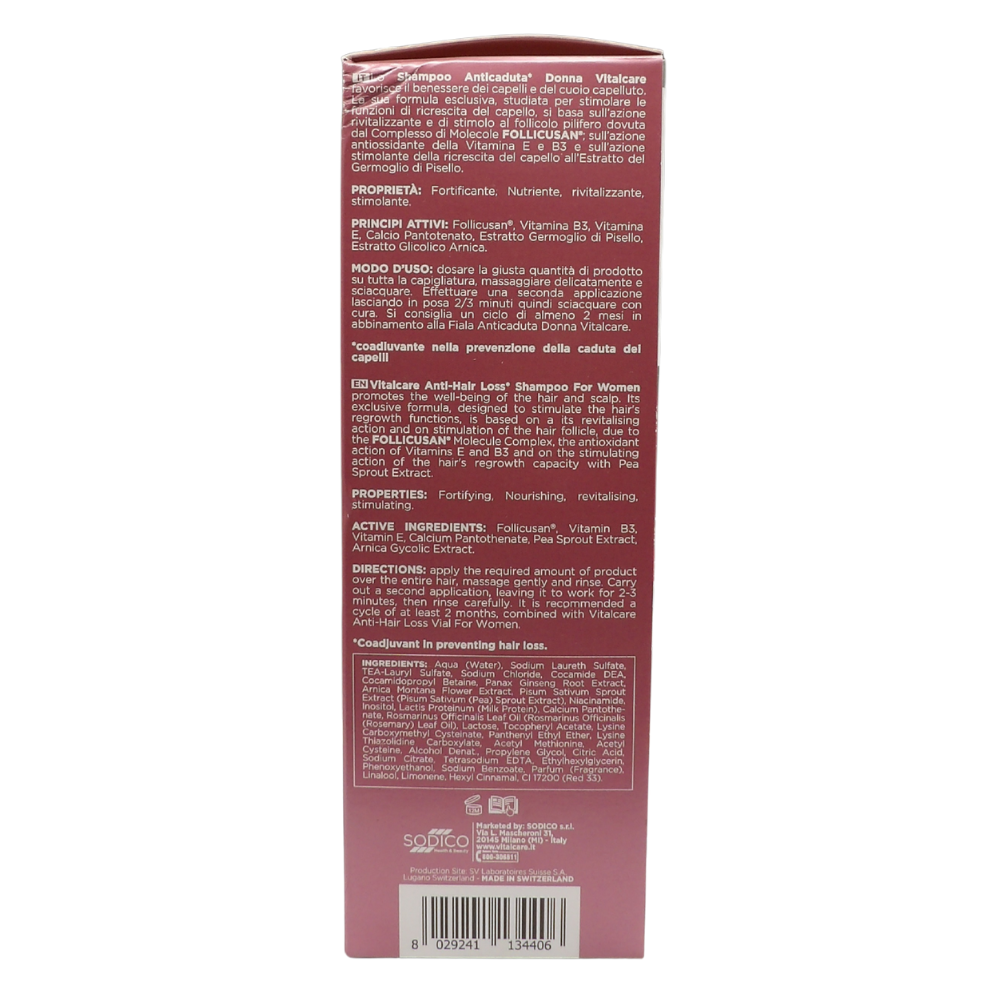 VITALCARE SWISS Shampoo Anticaduta Donna Vitalcare da 250 ml e 3 fiale anticaduta aggiuntive