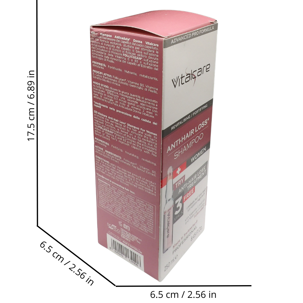 VITALCARE SWISS Shampoo Anticaduta Donna Vitalcare da 250 ml e 3 fiale anticaduta aggiuntive