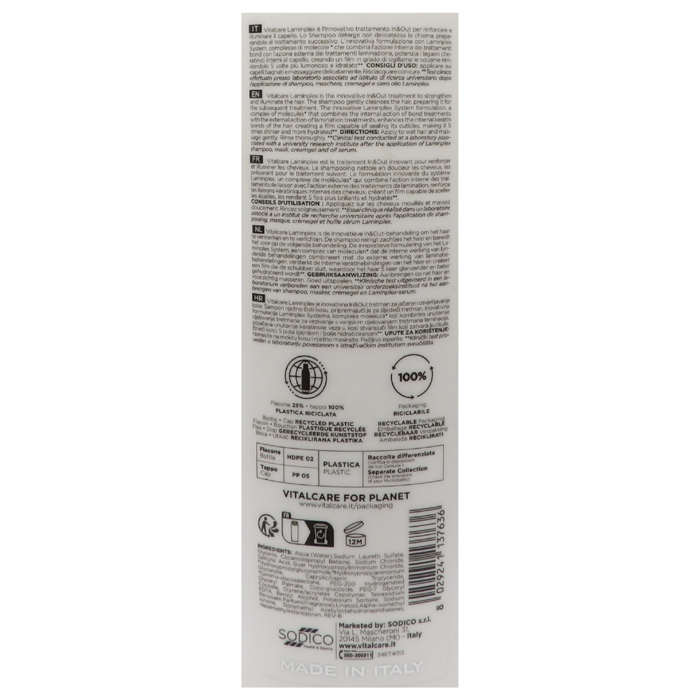 VITALCARE Laminplex Shampoo Riparatore Laminante 400 ml è un trattamento innovativo "In&Out" specificamente formulato per capelli opachi e danneggiati