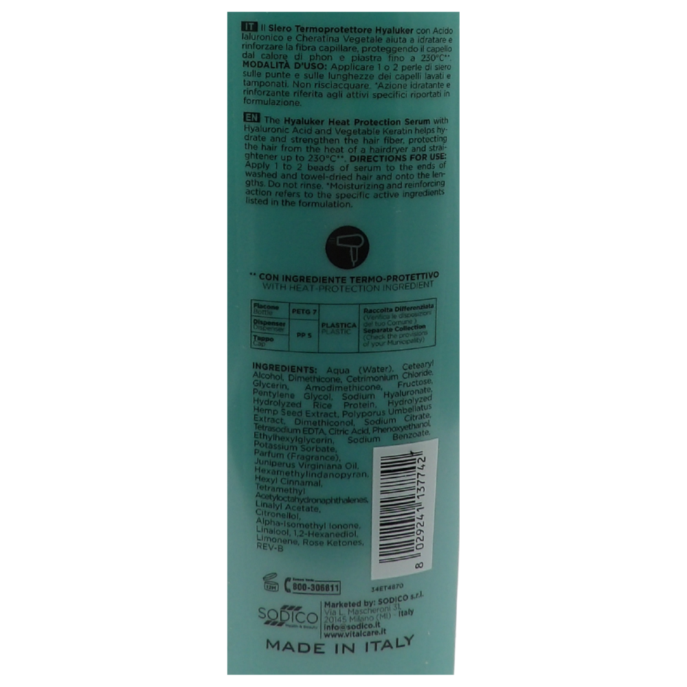 VITALCARE Siero Termoprotettore Fino a 230°C HYALUKER Ad Azione Idratante e Rinforzante. Con Acido Ialuronico e Cheratina Vegetale 125ml