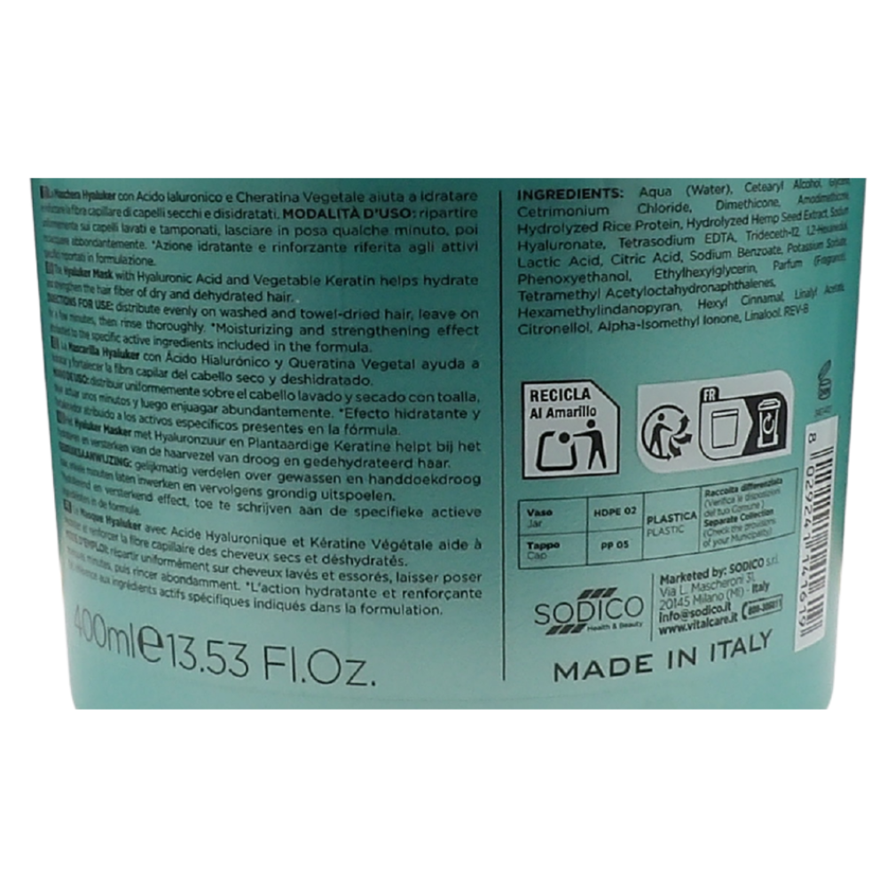 VITALCARE Maschera Per Capelli HYALUKER Ad Azione Idratante e Rinforzante, Con Acido Ialuronico e Cheratina Vegetale. Per Capelli Secchi e Disidratati 400ml