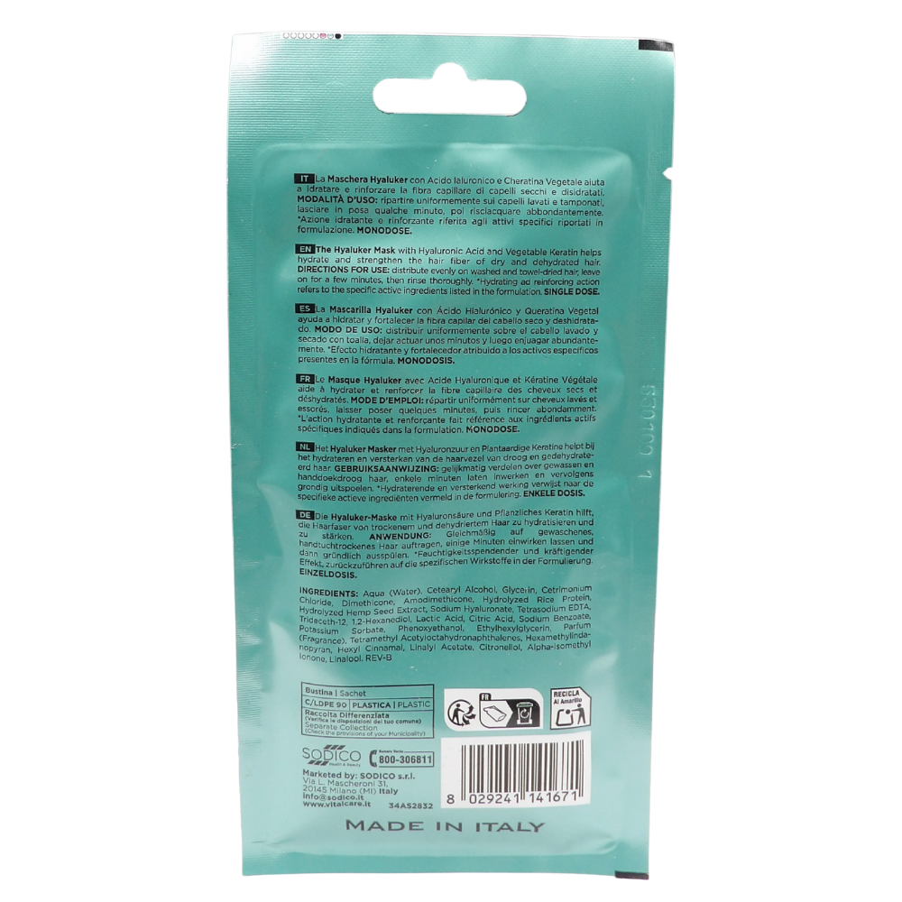 VITALCARE Maschera Per Capelli Monodose HYALUKER Ad Azione Idratante e Rinforzante. Con Acido Ialuronico e Cheratina Vegetale 25ml