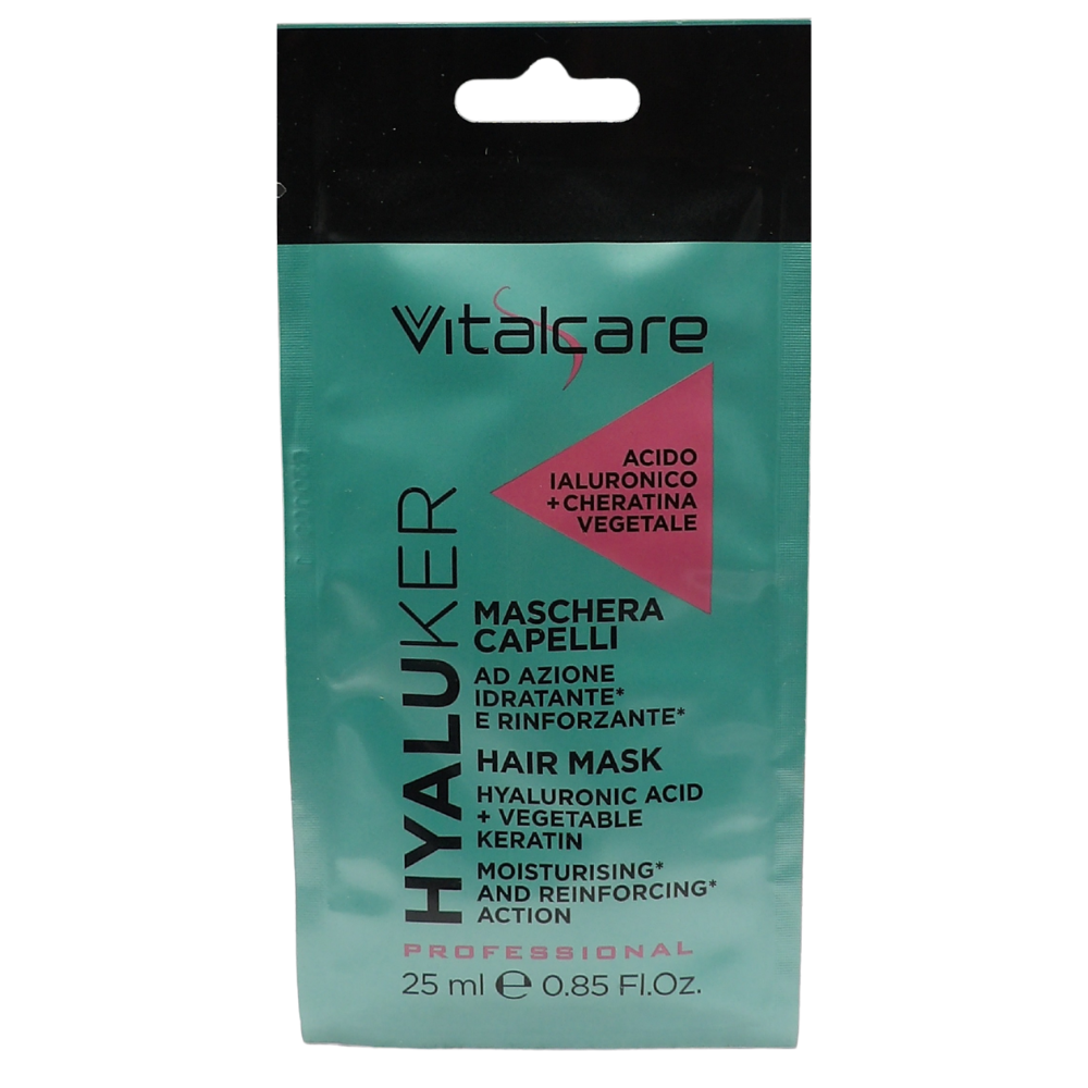 VITALCARE Maschera Per Capelli Monodose HYALUKER Ad Azione Idratante e Rinforzante. Con Acido Ialuronico e Cheratina Vegetale 25ml