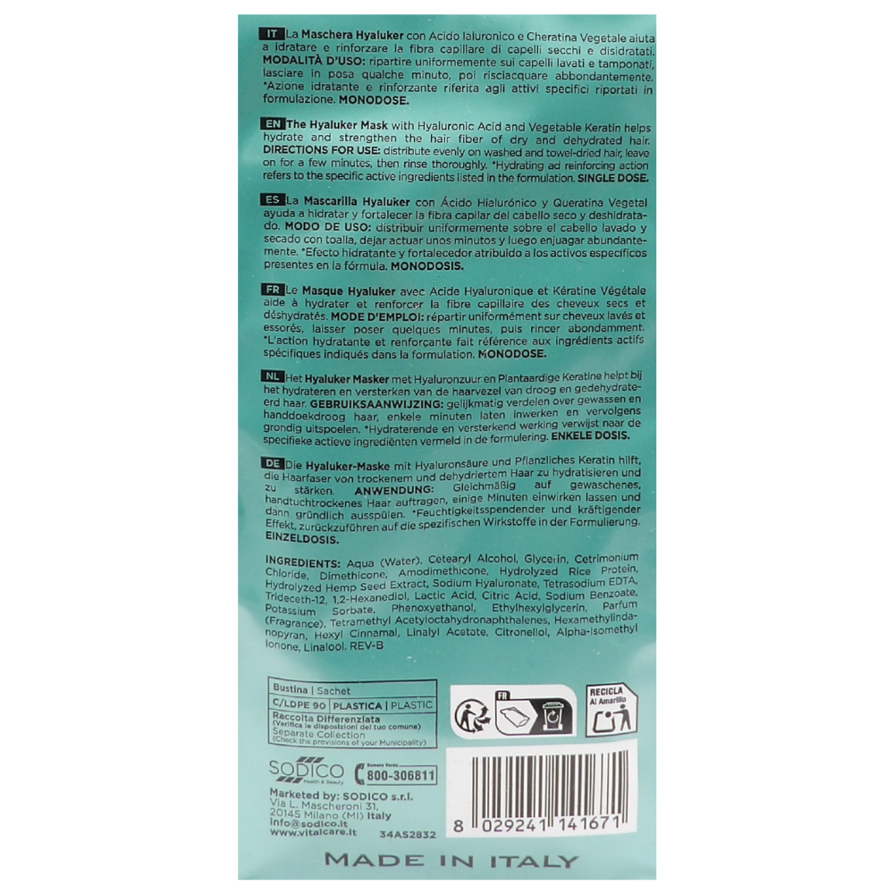 VITALCARE Maschera Per Capelli Monodose HYALUKER Ad Azione Idratante e Rinforzante. Con Acido Ialuronico e Cheratina Vegetale 25ml