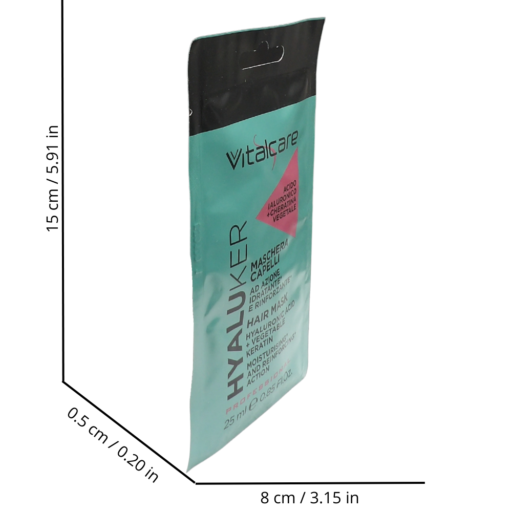 VITALCARE Maschera Per Capelli Monodose HYALUKER Ad Azione Idratante e Rinforzante. Con Acido Ialuronico e Cheratina Vegetale 25ml