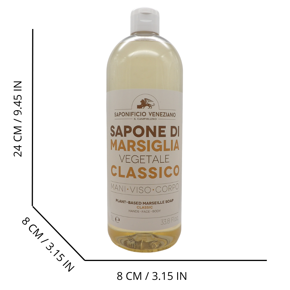 SAPONIFICIO VENEZIANO Sapone Di Marsiglia Vegetale Per Mani, Viso e Corpo. Ideale Per Un Uso Frequente e Per Tutta La Famiglia 1000ml (CLASSICO)
